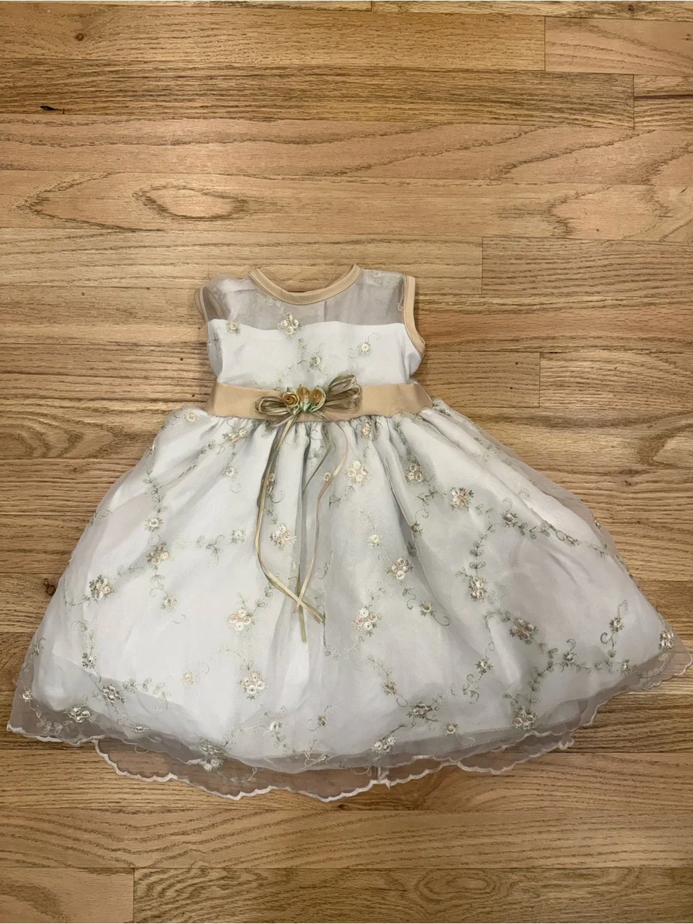 Girls formal Dress - white, hints of tan and green flowers